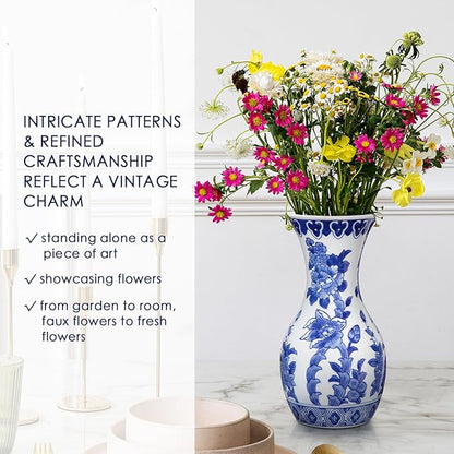 Blue and White Ceramic Vase, 11 Inch Tall Flower Vase in Floral Pattern, Large Retro Chinoiserie Vase Decor Side Table Centerpiece Living Room Bookshelf, Antique Grand Millennial Decor