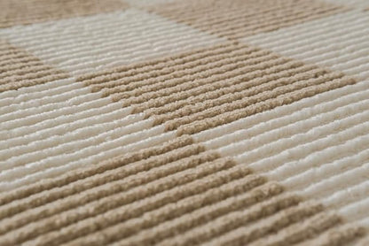 Revival Rugs Gambit 3'11" x 6'1" Checkered Rug Machine Washable Area Rug for Kitchen Bedroom - 100% Recycled Oeko-TEX Certified, Medium Pile, Camel, Beige