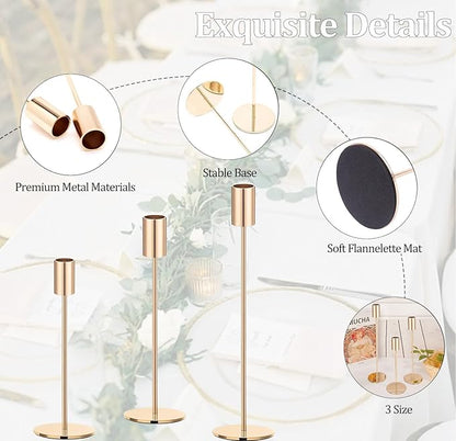 Set of 3 Gold Taper Candle Holders, Metal Gold Candlestick Holders, Tall Candle Holder, Fits 3/4 inch Thick Candle&Led Candles, for Table Centerpiece, Wedding, Dinning, Party Home Decor