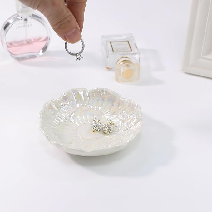 Flower Ring Dish Holder,Jewelry Dish Tray,Small Trinket Tray,Jewelry Plate Bowl,Key Bowl,Decorative Plate,Birtdhay Christmas Gifts for Women Friends,Ceramic Pearl White