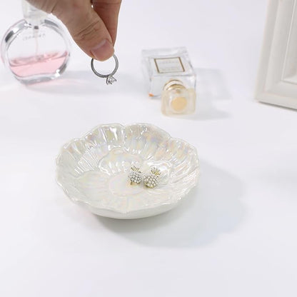 Flower Ring Dish Holder,Jewelry Dish Tray,Small Trinket Tray,Jewelry Plate Bowl,Key Bowl,Decorative Plate,Birtdhay Christmas Gifts for Women Friends,Ceramic Pearl White