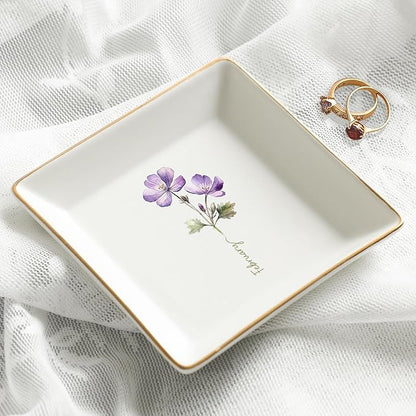 Gossby Personalized Jewelry Tray - Gift for Women, Mom, Friend with Birth Month Flower, Name - Ceramic Trinket Tray, Dish, Plate for Ring, Earring, Bracelet - Gift Mothers Day, Birthday, Christmas V1
