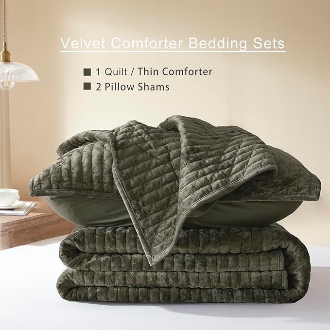 LEAONME Velvet Quilt California King Size 118''x106'', Lightweight Olive Green Velvet Comforter Set with 2 Matching Shams, Soft Cross Stitch Bedspread Coverlet, Oversized King Quilt Set for All Season