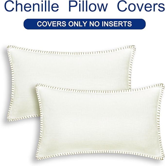 CaliTime Throw Pillow Covers Decorative 12 X 20 Inches Pack of 2 Cotton Thread Stitching Edges Solid Dyed Soft Chenille Cushion Cases for Couch Sofa Bed Living Room Farmhouse Cream