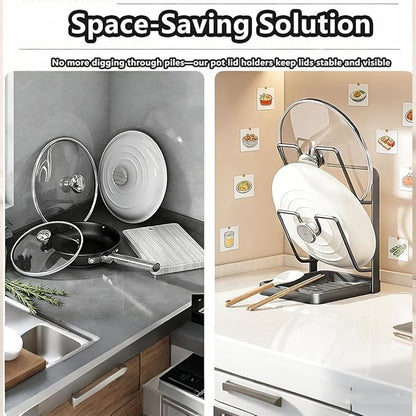 Kitchen Pot Lid Storage Rack, Pot Lid Rack, Multi-functional Kitchen Storage Racks, Space-Saving Kitchens Pots Cover Organizer Stand for Countertop (Grey)