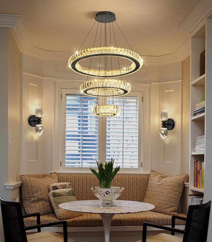 3 Rings LED Chandelier Modern Dimmable Dining Room Chanderliers Entryway Crystal Pendant Lights for Kitchen Bedroom Living Room Black Light