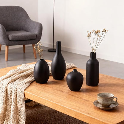 Black Ceramic Flower Vase Set of 4, Modern Farmhouse Decorative Vases for Bookshelf, Dining Room Coffee Console Table Centerpieces