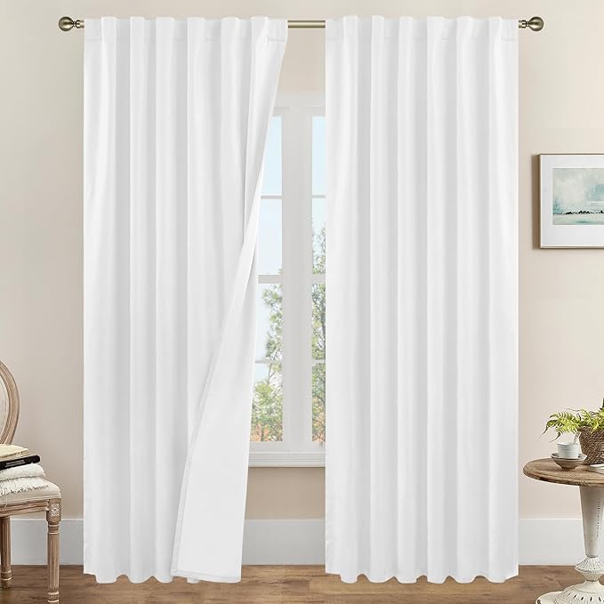 LAMIT 100% Blackout Curtains for Living Room, 95 Inches Linen Textured Thermal Insulated Bedroom Curtains Back Tab and Rod Pocket Farmhouse Panels with White Liner, 2 Panels, 52 x 95 Inch, White