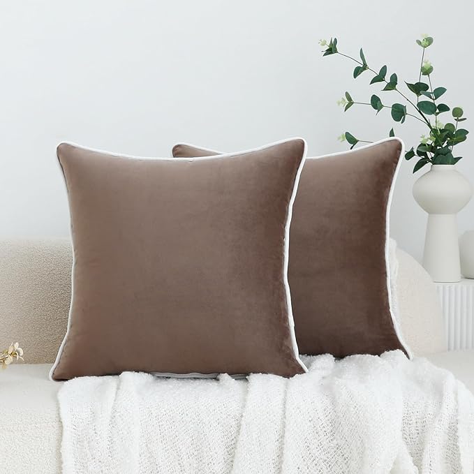 LIGICKY Set of 2 Light Brown Throw Pillow Covers Modern Minimalist Style Solid Decorative White Rope Edging Soft Square Cushion Cases for Sofa Bedroom Party Décor, 18 x 18 inch