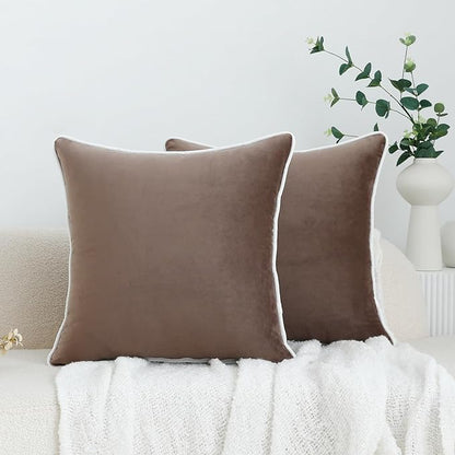 LIGICKY Set of 2 Light Brown Throw Pillow Covers Modern Minimalist Style Solid Decorative White Rope Edging Soft Square Cushion Cases for Sofa Bedroom Party Décor, 18 x 18 inch
