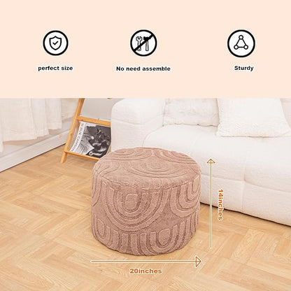 Round Plush Ottoman Pouf Stuffed– Fluffy Ottoman Foot Rest with Modern Foam Filler 20" x 14" Cozy Floor Pouf for Living Room & Bedroom