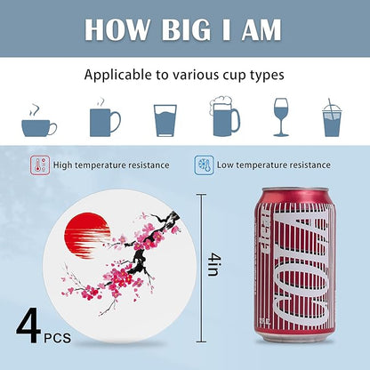 Drink Coasters Set of 4,Cherry Blossom Japanese Painting Coasters for Drinks Ceramic Coasters with Cork Bottom for Kinds of Mugs and Cups,Home Decor,4''