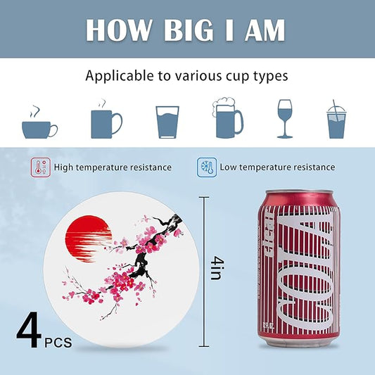 Drink Coasters Set of 4,Cherry Blossom Japanese Painting Coasters for Drinks Ceramic Coasters with Cork Bottom for Kinds of Mugs and Cups,Home Decor,4''