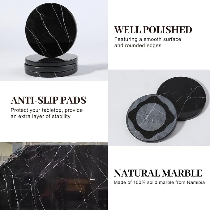 Koville Marble Coaster Set of 4, Round Coasters, 4" Stone Coaster for Drinks Coffee, White Marble Coasters for Coffee Table Home Bar Decor, Heat Resistant, Gift Choice(Black)