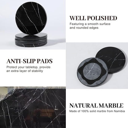 Koville Marble Coaster Set of 4, Round Coasters, 4" Stone Coaster for Drinks Coffee, White Marble Coasters for Coffee Table Home Bar Decor, Heat Resistant, Gift Choice(Black)