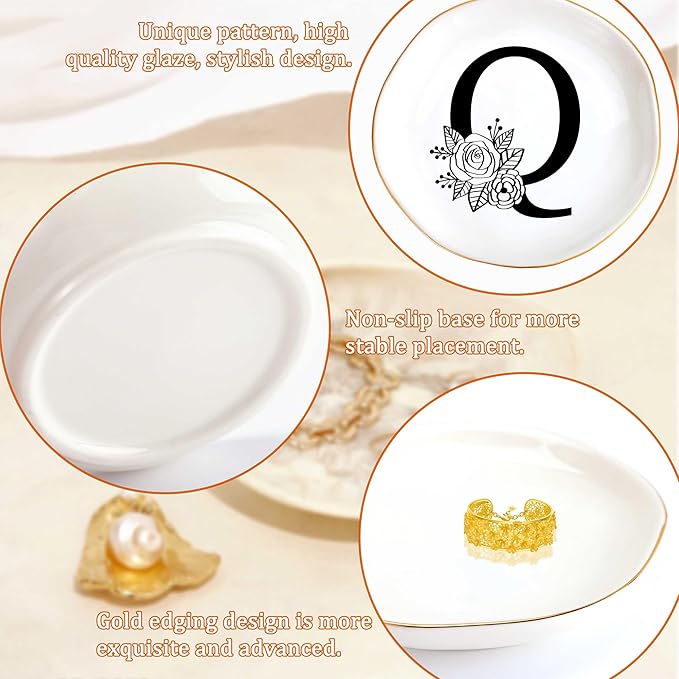 JoycuFF Initial Q Ceramic Jewelry Tray, Bridesmaid Bride Gifts, Mothers Day Christmas Anniversary Engagement Birthday Gifts for Women Couples, Trinket Dish for Rings Earrings Necklaces Bracelets Keys