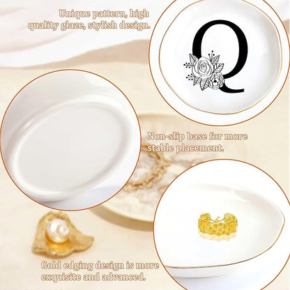 JoycuFF Initial Q Ceramic Jewelry Tray, Bridesmaid Bride Gifts, Mothers Day Christmas Anniversary Engagement Birthday Gifts for Women Couples, Trinket Dish for Rings Earrings Necklaces Bracelets Keys