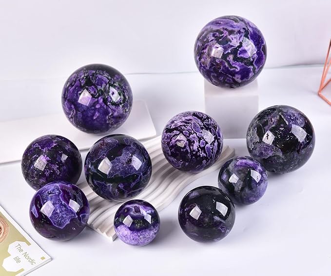 JIC Gem Large Purple Moss Agate Crystal Ball 4 inch(100mm) Round Healing Crystals Decorative Sphere with Wooden Stand Meditation Witchcraft Home Decor