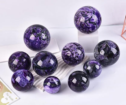 JIC Gem Large Purple Moss Agate Crystal Ball 4 inch(100mm) Round Healing Crystals Decorative Sphere with Wooden Stand Meditation Witchcraft Home Decor