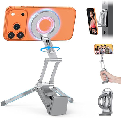 OMOTON 360°Rotating for MagSafe Tripod Mount, Adjustable Aluminum Magnetic Phone Tripod for iPhone 17/16/15/14 Pro Max Air, Foldable Cell Phone Stand Fits Vlog, Gym, Travel Essentials, Silver