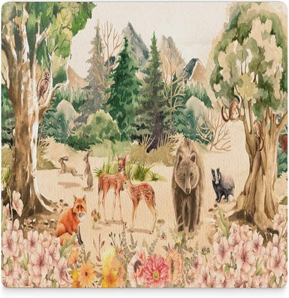 4PCS Forest Ceramic Coasters, Square Absorbent Drink Coasters, Retro Mountain Forest Nature Tree Woodland Flower Animal Bear, Deer Ceramic Table Coasters for Coffee, Beverage, Wine, Beer Coasters