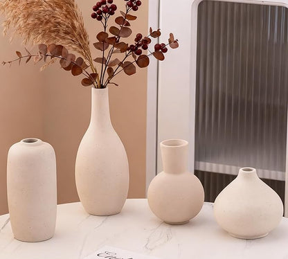 Beige Ceramic Vase Home Decor Small Flowers Vase Set of 4 Living Room Decoration Bookshelf Bedroom Kitchen Dining Table Modern Farmhouse