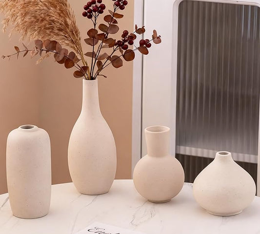 Beige Ceramic Vase Home Decor Small Flowers Vase Set of 4 Living Room Decoration Bookshelf Bedroom Kitchen Dining Table Modern Farmhouse