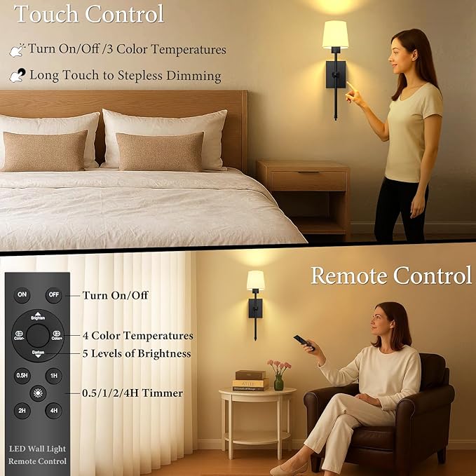 Rechargeable Battery-Operated Wall Sconces Set of 2: Black Wireless Wall Lights with Touch and Remote, 6000mAh Battery Powered Scone Lighting Cordless Wall Lamp for Bedroom Living Room Hallway
