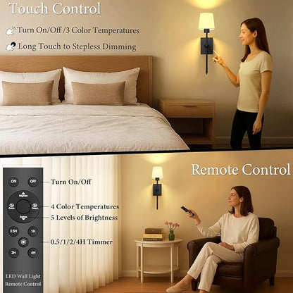 Rechargeable Battery-Operated Wall Sconces Set of 2: Black Wireless Wall Lights with Touch and Remote, 6000mAh Battery Powered Scone Lighting Cordless Wall Lamp for Bedroom Living Room Hallway