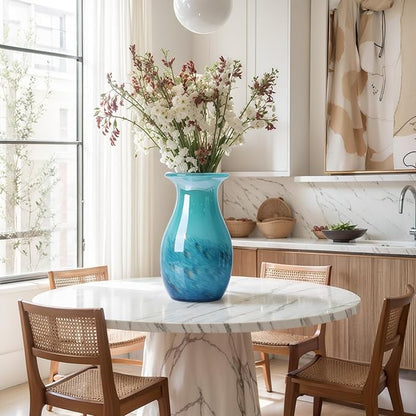 Teal Glass Vase – 11.4in Hand Blown Wide Mouth Art Glass Vase – Turquoise Decorative Vase for Flowers, Centerpieces, Bookshelf, Bathroom, Dining Table or Living Room Display