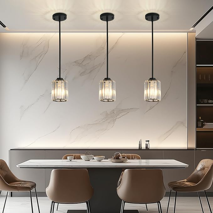 Black Pendant Lights Kitchen Island 3 Pack,Modern Crystal Mini Chandelier Ceiling Hanging Pendant Light Fixtures for Kitchen Hallway Dining Room Bedroom