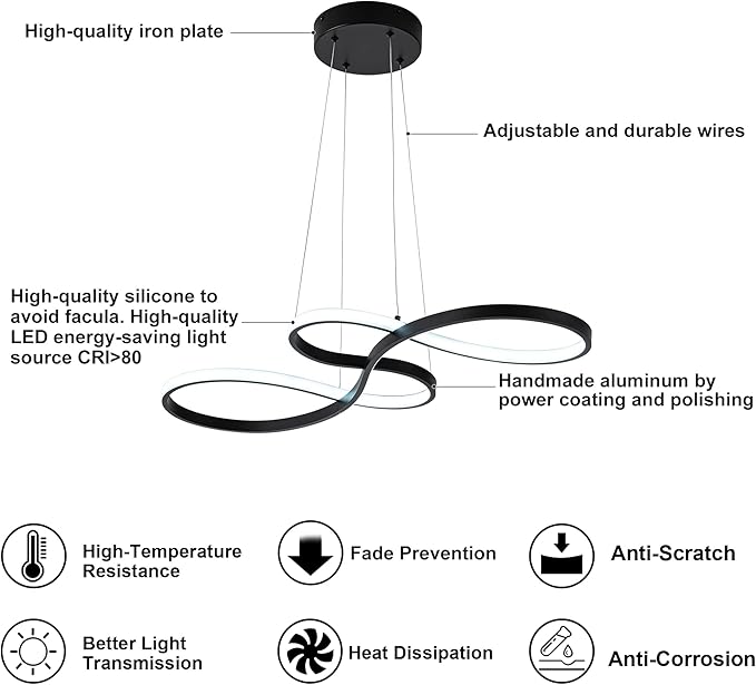 Modern LED Chandelier Dining Room Pendant Light Dimmable Creative Chandelier Dimmer Color 3000-6000K Adjustable Hanging Lamp for Bedroom Living Room Kitchen 50W (Black)
