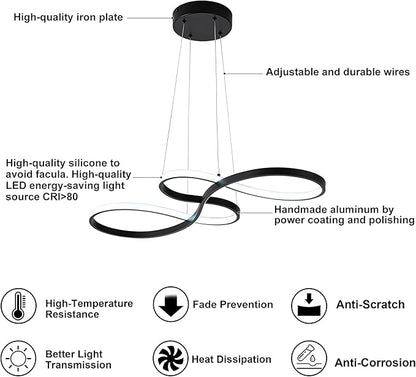 Modern LED Chandelier Dining Room Pendant Light Dimmable Creative Chandelier Dimmer Color 3000-6000K Adjustable Hanging Lamp for Bedroom Living Room Kitchen 50W (Black)