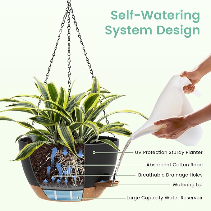 Set of 3-10 Inch Self Watering Hanging Planters for Indoor & Outdoor，Hanging Plant Pots with Drainage & Removable Tray, Hanging Pots Holder for Ivy, Pothos, Ferns, Balcony & Patio, Black with Brown