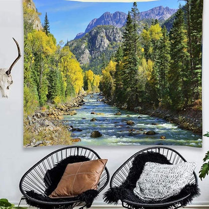 YISURE Nature Mountain Forest Tapestry, Scenic Green Pine Tree Waterfall Landscape Wall Hanging Tapestries for Home Office Dorm Indoor and Outdoor Decoration, 60(W) x50(L) Inch