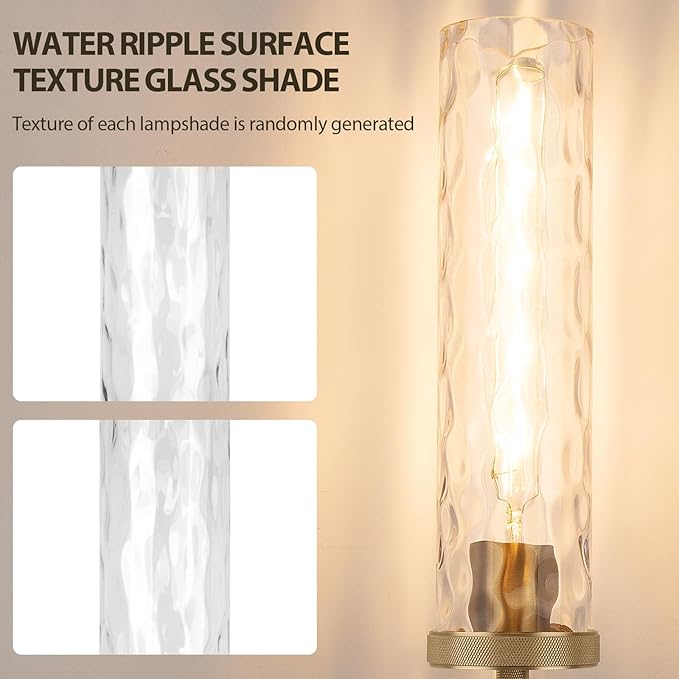 15" Knurled Brass Wall Sconces Set of 2, Gold Bathroom Vanity Light Fixtures with Water Ripples Glass Tube, Modern Lamp Lighting for Bedroom, Living Room, Hallway, Staircase, Mirror, Kitchen
