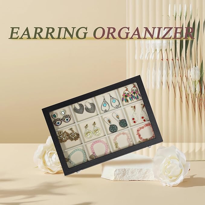 Stratalife Jewelry Organizer Bracelet Holder Organizer Box Earring Storage Drawer Jewelry Display Anti Tarnish Ring Holder For Women Girls 12 Grid (Beige Black)