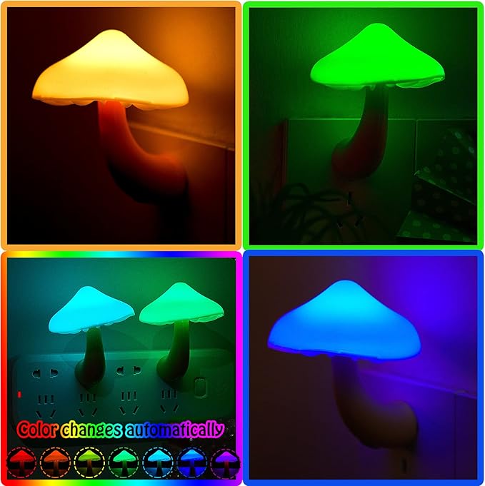 Honoson 4 Pieces Mushroom Night Light LED Night Light Plug in Lamp 7 Color Magic Mini Pretty Mushroom Shaped Lamp Adults(Colorful Light with White Cover)