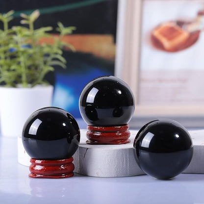 40mm Natural Black Obsidian Stone Sphere with Wooden Stand, Polished Crystal Ball Decoration for Home & Office