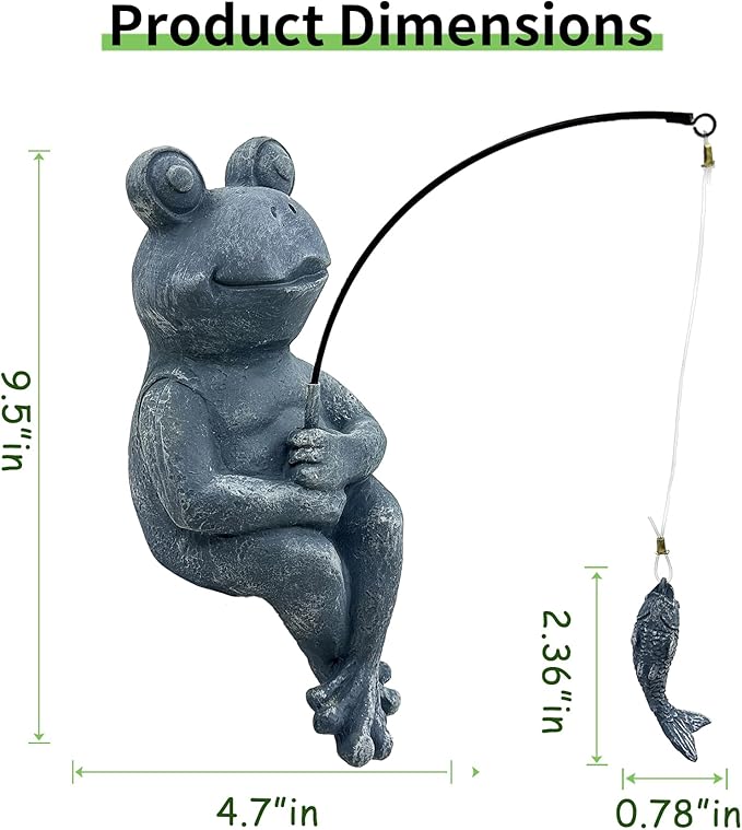 9.5" Frog Fishing Garden Sculptures & Statues, Stone Look Sculpture, Whimsical Lawn Yard Art, Funny Pond Fisherman Statue, Resin Animal Decorative Figurine, for Frog Fishing Lovers