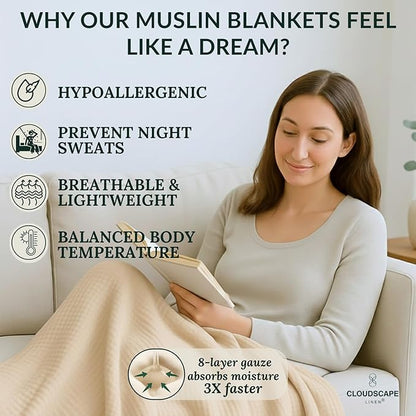 Cloud Scape Linen Extra Large 8 Layer Muslin Throw Blanket - 100% Cotton Gauze, Soft and Breathable, Winter Blanket for Couch, Sofa and Bed, Idea, 50x70, Fog
