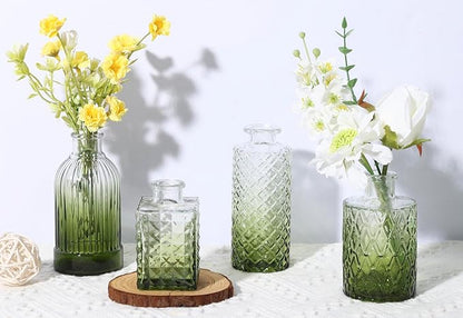 12 Pack Green Glass Bud Vase Set, Small Vintage Vases for Centerpieces, Decorative Flower Vases for Wedding Home Table Decor