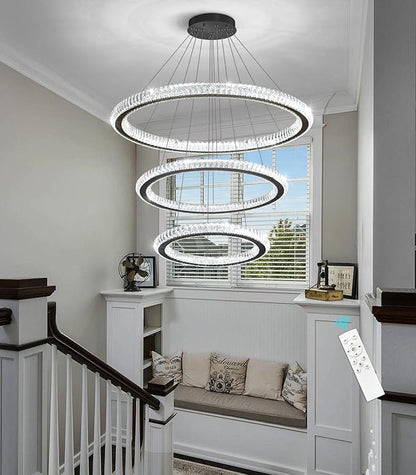 3 Rings Modern LED Chandelier Crystal Dimmable Large Foyer Chanderliers Entryway High Ceiling for Staircase Pendant Lights for Living Room Black Light