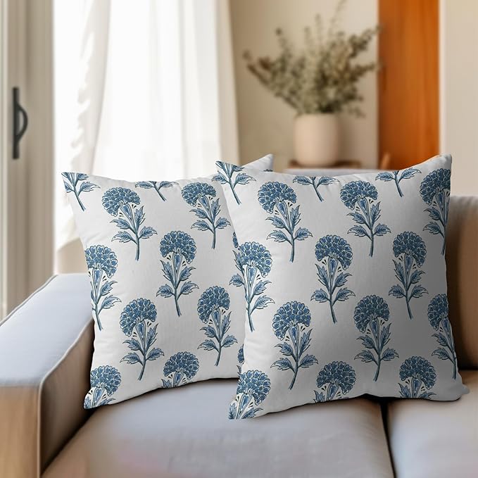 Blue Floral Pillow Covers 18x18 Set of 2 Blue and White Block Print Pattern Rustic Spring Flower Decorative Outdoor Farmhouse Pillowcases Decorations Throw Cushion Cover Decor for Couch Sofa Bed