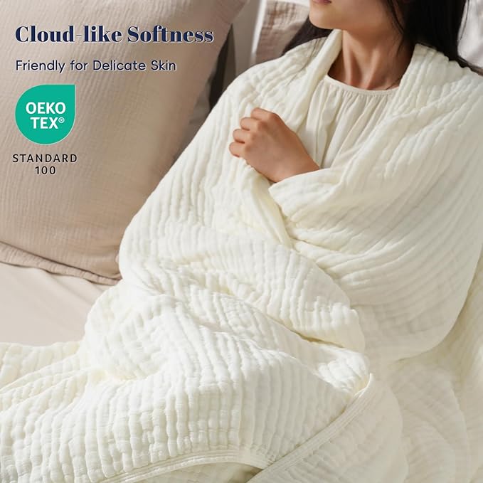 PHF Cooling Muslin Blanket King Size 104"x80", 6-Layer Lightweight Gauze Blanket Made from 35% Rayon Derived from Bamboo & 65% Cotton, Breathable & Ultra Soft Cozy for Hot Sleepers, Snow White