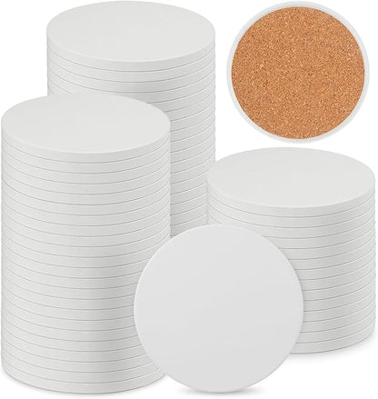 GNIEMCKIN 60 Pieces 4 Inch Round Blank Ceramic Coasters, Unglazed Ceramic Tiles Coasters, Ceramic Tiles with Cork Backing Pads for Painting, DIY Crafts, Mosaics, Circular, White.