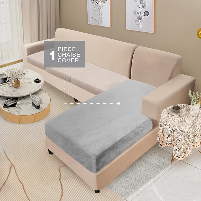 NAISI Sectional Couch Cover 1 Piece Velvet Separate Chaise Lounge Cover Soft Stretch Sofa Slipcovers for Left/Right Chaise Sectional Couch(Chaise Lounge,Light Grey)