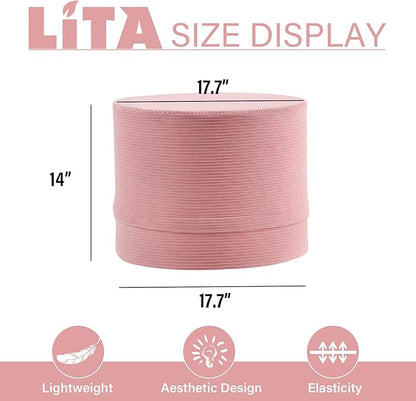 LITA Round Stuffed Pouf Ottoman, Corduroy Poufs with High-Density Foam Filling and Washable Cover, Furry and Fluffy Bean Bag Foot Stools Ottoman for Living Room, Bedroom, Office, Pink