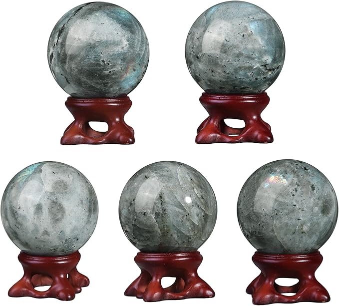 Nupuyai Natural Moonstone Crystal Ball with Resin Stand, Healing Crystal Sphere for Home Decor 1.61"-1.97"(41mm-50mm)