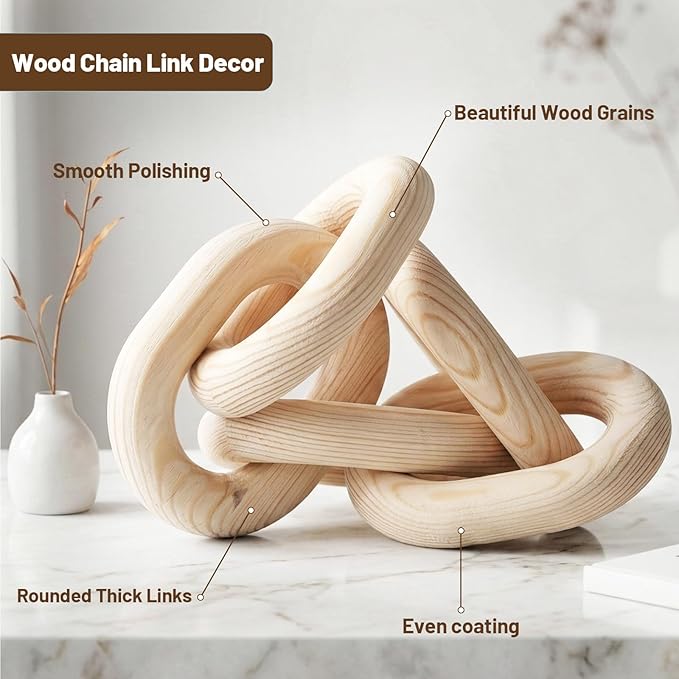 Queekay Decorative Wood Chain Link Decor Rustic 5 Link Wooden Chain Decor Ornament Farmhouse Home Decoration Hand Carved Wooden Crafts Ornaments for Coffee Table(Wood Color,13.78 Inch)